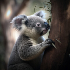 Fototapeta premium This realistic drawing of a young koala in profile climbing a small tree, a wild animal. Rare animal in the wild.