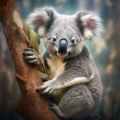 This realistic drawing of a young koala in profile climbing a small tree, a wild animal. Rare animal in the wild.