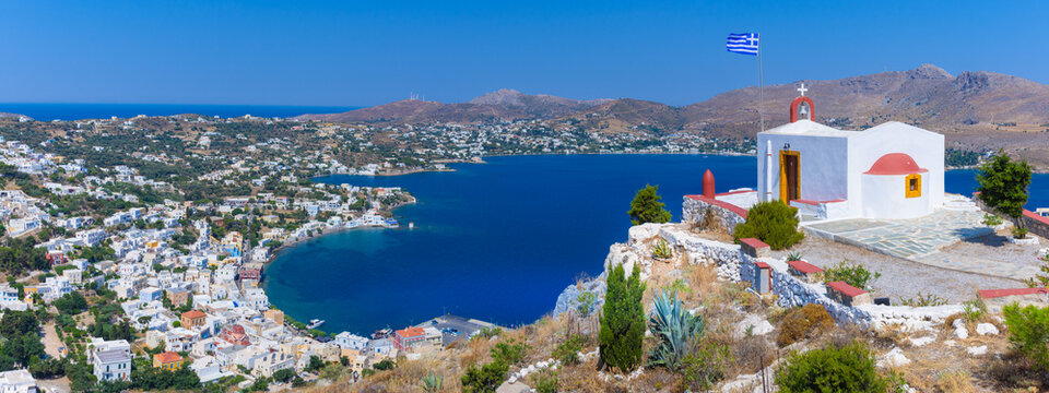 Picturesque village of Agia Marina, windmills and castle of Panteli in Leros island, Greece