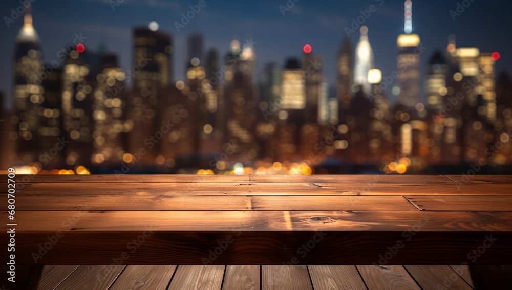 Wall mural a rustic table with a captivating city skyline in the background