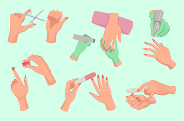Manicure hands. Female beauty salon hands with polish nails exact vector flat pictures set