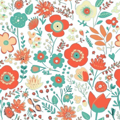 Retro Pastel Seamless Flowers and Leaves Pattern