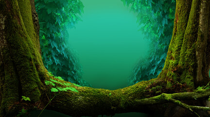 Fairytale forest background. Ivy leaves, mossy trees, turquoise mist. Composed as natural frame