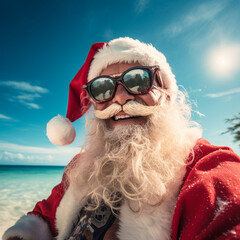 Portrait of happy Santa Claus in sunglasses on the beach. 
Merry Christmas and Happy New Year...