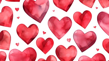 Seamless Background of painted Hearts in ruby Watercolors. Romantic Wallpaper