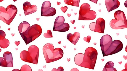 Seamless Background of painted Hearts in ruby Watercolors. Romantic Wallpaper