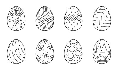 Easter eggs set doodle style. Hand drawn easter egg collection isolated on white background. Happy easter. Line drawing of decorated eggs. Outline drawing, vector illustration