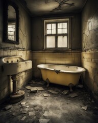 Cracks in the abandoned bathroom, vintage old bath and sink, battered tiles and broken walls, dirty window and mirror - obrazy, fototapety, plakaty