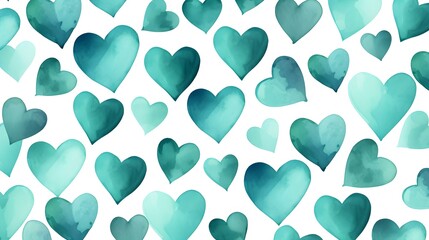 Seamless Background of painted Hearts in turquoise Watercolors. Romantic Wallpaper