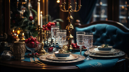 Fototapeta na wymiar Fancy table setting in a classic and elegant room, displaying beautiful tableware. 