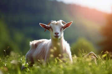 Obraz premium Goats onGoats with blurred background sunlight, domestic animals.
