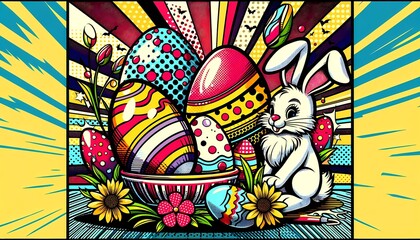 Easter Bunny's Colorful Celebration: A Vibrant Retro Pop Art Illustration of Bunny and Eggs, Great for innovative card, advertisement, ads