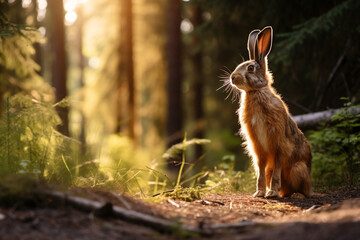 Wild brown european hare stands in the grass and looking at the camera. Lepus europaeus stands on...