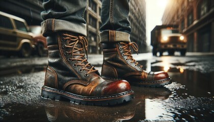 Pair of well-worn boots stands alone on wet pavement, reflecting a life of hard work and urban exploration. 