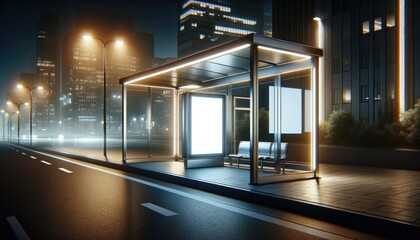Modern city bus stop stands out with its sleek design and glowing advertisement displays. 