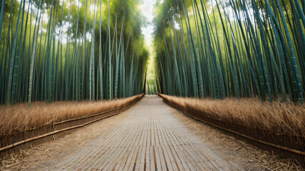 Bambus Wald auf dem ein einziger Weg hindurch führt . KI Generated 