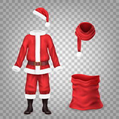 Realistic santa costume. Claus dress suit, traditional christmas clothes santas jacket fancy clothing gift bag shoes winter coat pants with belt scarf, decent vector illustration