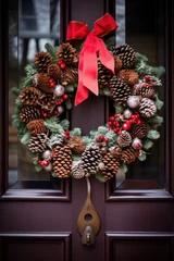 Gordijnen showing a beautiful Christmas wreath hanging on a front door © yganko