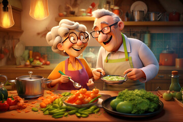 Cartoon happy seniors couple in glasses prepare vegan food at home in kitchen