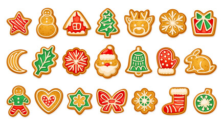 Homemade gingerbread shapes. Gingerbreads cookies, delicious christmas toy biscuits candy for xmas holiday new year food, ginger cookie sweet snowflake neoteric vector illustration