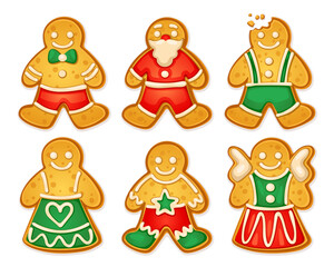 Homemade gingerbread mans. Gingerbreads man, traditional ginger biscuit cookies for xmas party, christmas dessert sweet snacks santa shape collection, neoteric vector illustration