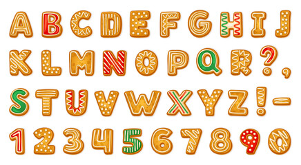 Gingerbread alphabet. Biscuit letters and numbers text communication, xmas cookie font tasty ginger bread typography, christmas holiday abc lettering neoteric vector illustration © ssstocker