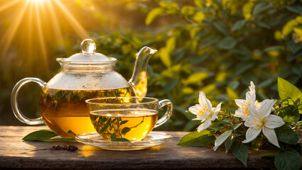 Glass teapot with tea against the backdrop of a clearing with jasmine flowers