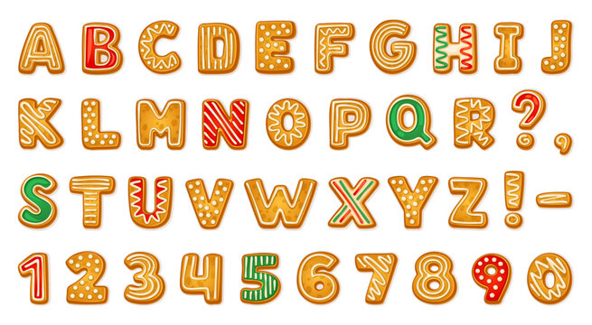 Gingerbread alphabet. Biscuit letters and numbers text communication, xmas cookie font tasty ginger bread typography, christmas holiday abc lettering neoteric vector illustration