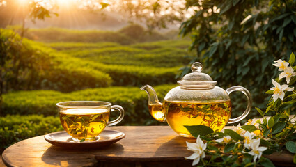 Glass teapot with tea against the backdrop of a clearing with jasmine flowers