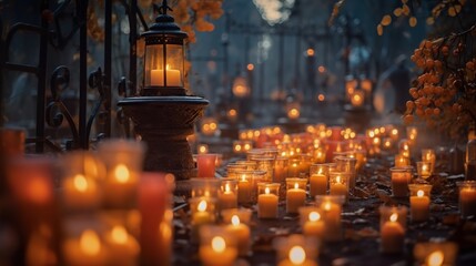 Burning candles on the cemetery at night. Selective focus. - obrazy, fototapety, plakaty