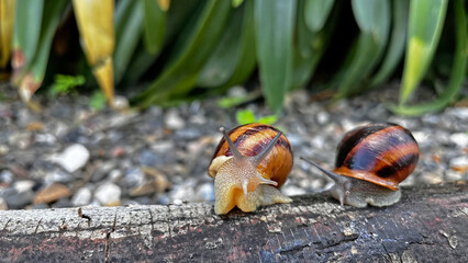 Snails on a branch after rain.