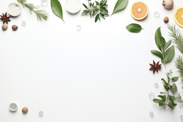 Fototapeta na wymiar a top view flat lay christmas background border with copy space in the middle: winter herbs and spices, fresh green leaves, orange, cinnamon, anise star