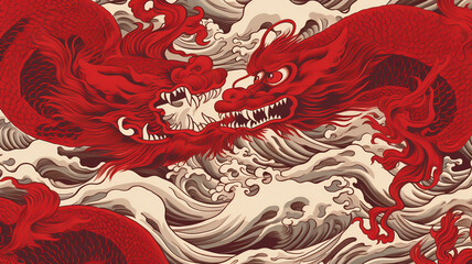 Colorful dynasty porcelain dragon and tiger texture seamless pattern