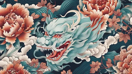 Keuken spatwand met foto Colorful dynasty porcelain dragon and tiger texture seamless pattern © Artofinnovation