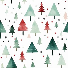 Obraz premium seamless pattern with cute minimalistic pastel watercolor drawings of christmas new year theme: red and green christmas trees and stars on white background
