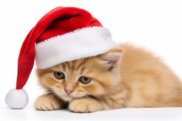a cute little red young kitten wearing a santa claus christmas red hat on a white background