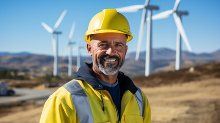 Male engineer with yellow helmet and vest in front of outdoor wind turbine landscape