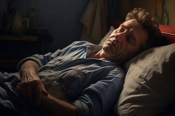 A man resting on his bed fast asleep and dreaming. Light shining in through a sunlit window