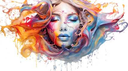 Drawing of the women face watercolor paints, paint splatter.