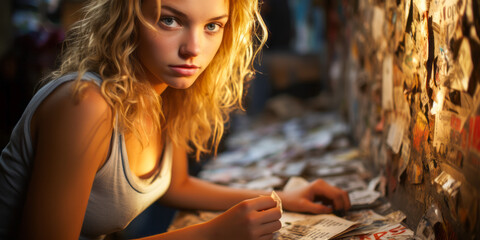 Young blonde artist joyfully creating graffiti on city wall.