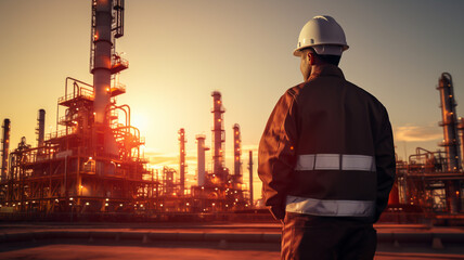 Fototapeta na wymiar Oil industry working standing in front of oil rig at sunset 
