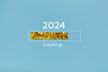 Loading year from 2023 to 2024. New year start concept with golden confetti decoration on blue background - obrazy, fototapety, plakaty