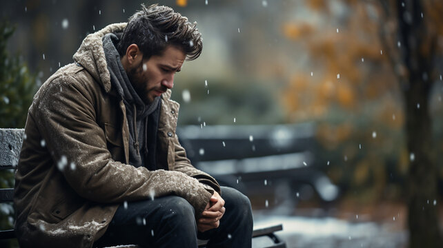 Man sitting dpressed on cold bench during snowy cold winter