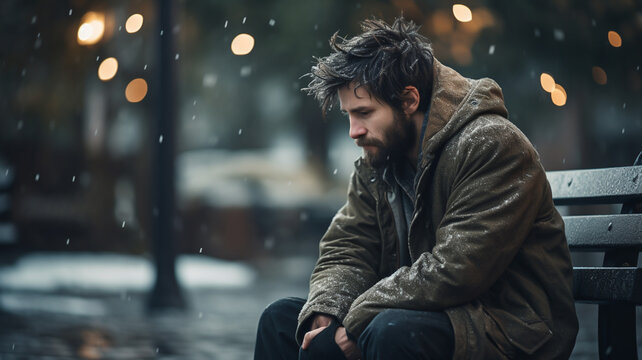 Man sitting dpressed on cold bench during snowy cold winter
