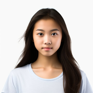 asian female teenage teen with long hair . white background . generative ai