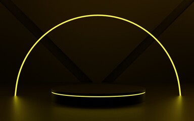 Product podium in dark room, yellow neon light. Abstract modern vector rendering 3d shape for products display presentation.