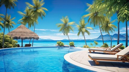 luxury pool close to the beach in tropical resort - created with generative AI
