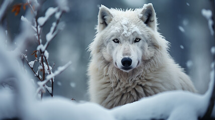 Obraz premium White wolf in snowing freezing landscape 