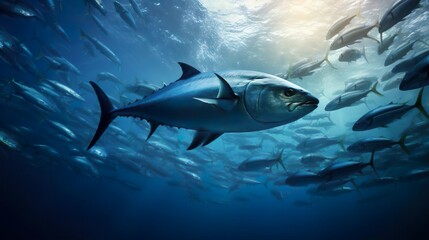swarm of tuna fish swimming in the sea - created with generative AI - obrazy, fototapety, plakaty