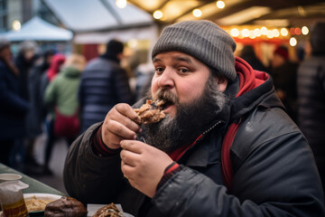 Obraz premium A man eating outside a food stall during german christmas market holiday
